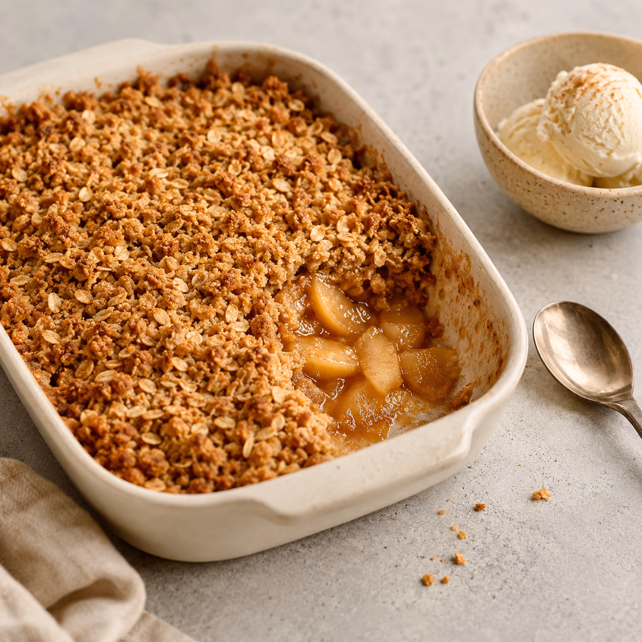 Apple crumble with golden oat topping and tender cinnamon apple filling in a cream baking dish
