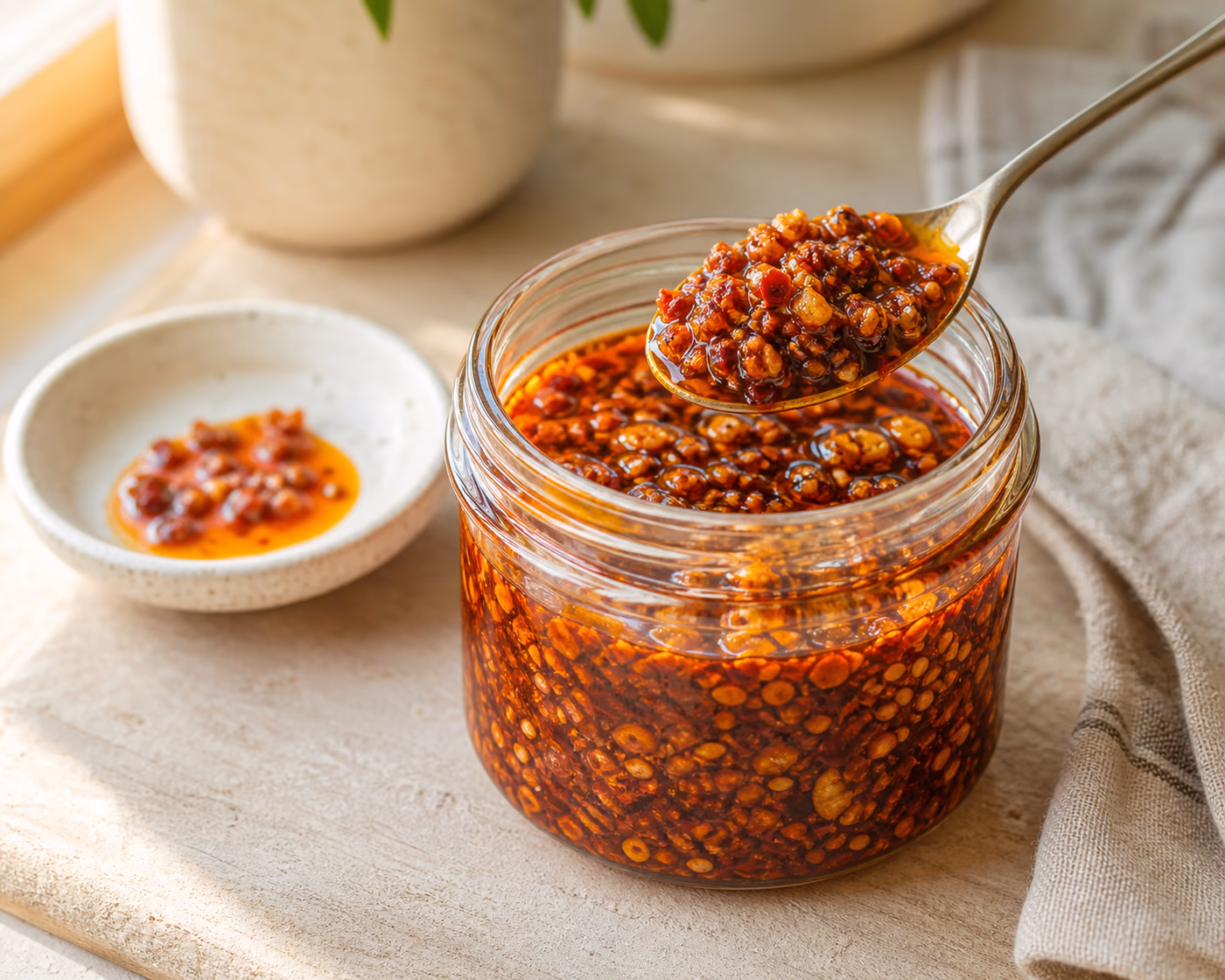Homemade chili crisp in a small glass jar with red chile oil, crunchy bits, and a spoon