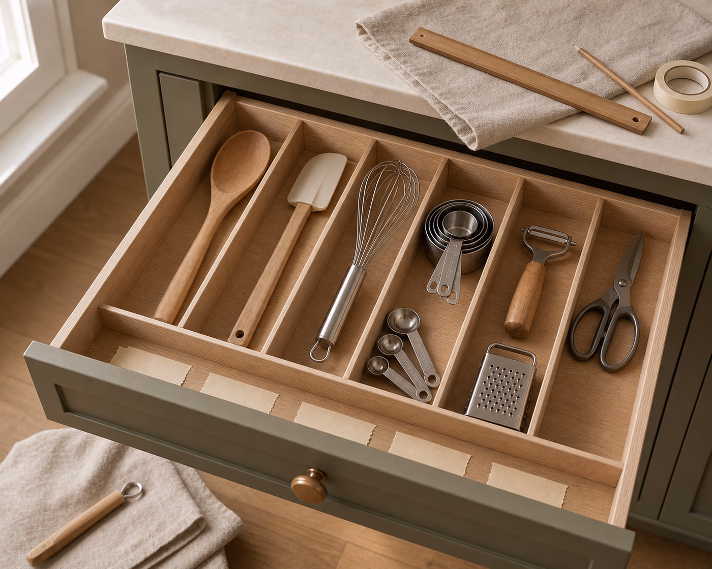 Open kitchen drawer with simple dividers, daily cooking tools, blank labels, and measuring supplies for a drawer reset