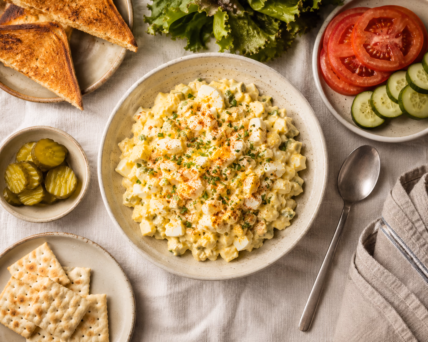 Creamy egg salad with chopped eggs, celery, chives, toast, lettuce, tomatoes, cucumber, pickles, and crackers