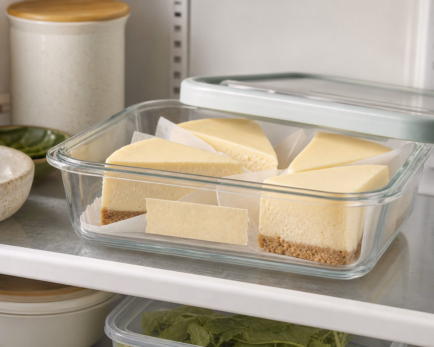 Cheesecake slices stored in a clear covered container with a blank tape label in the refrigerator
