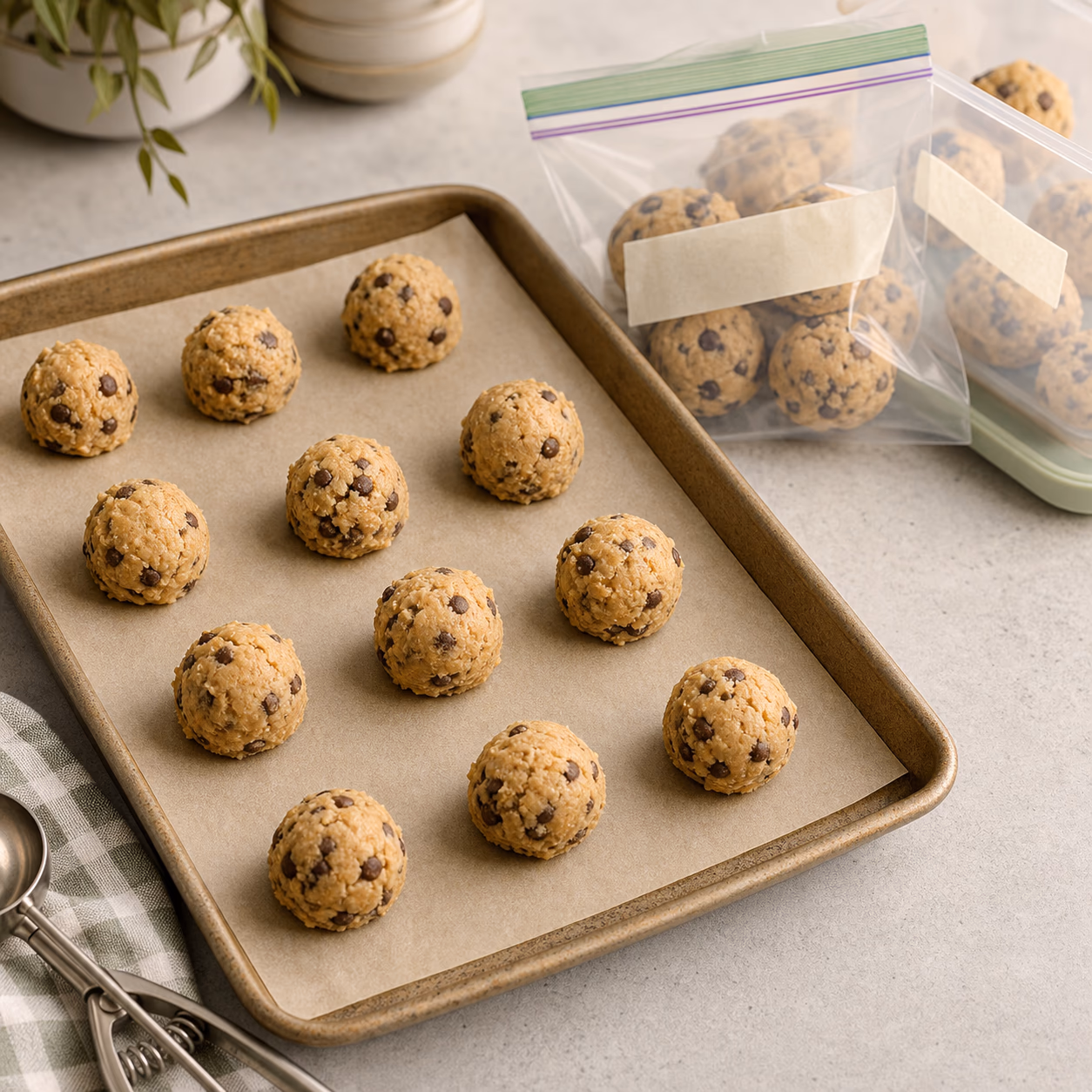 Cookie dough balls freezing on a parchment-lined sheet pan beside blank-labeled freezer bags