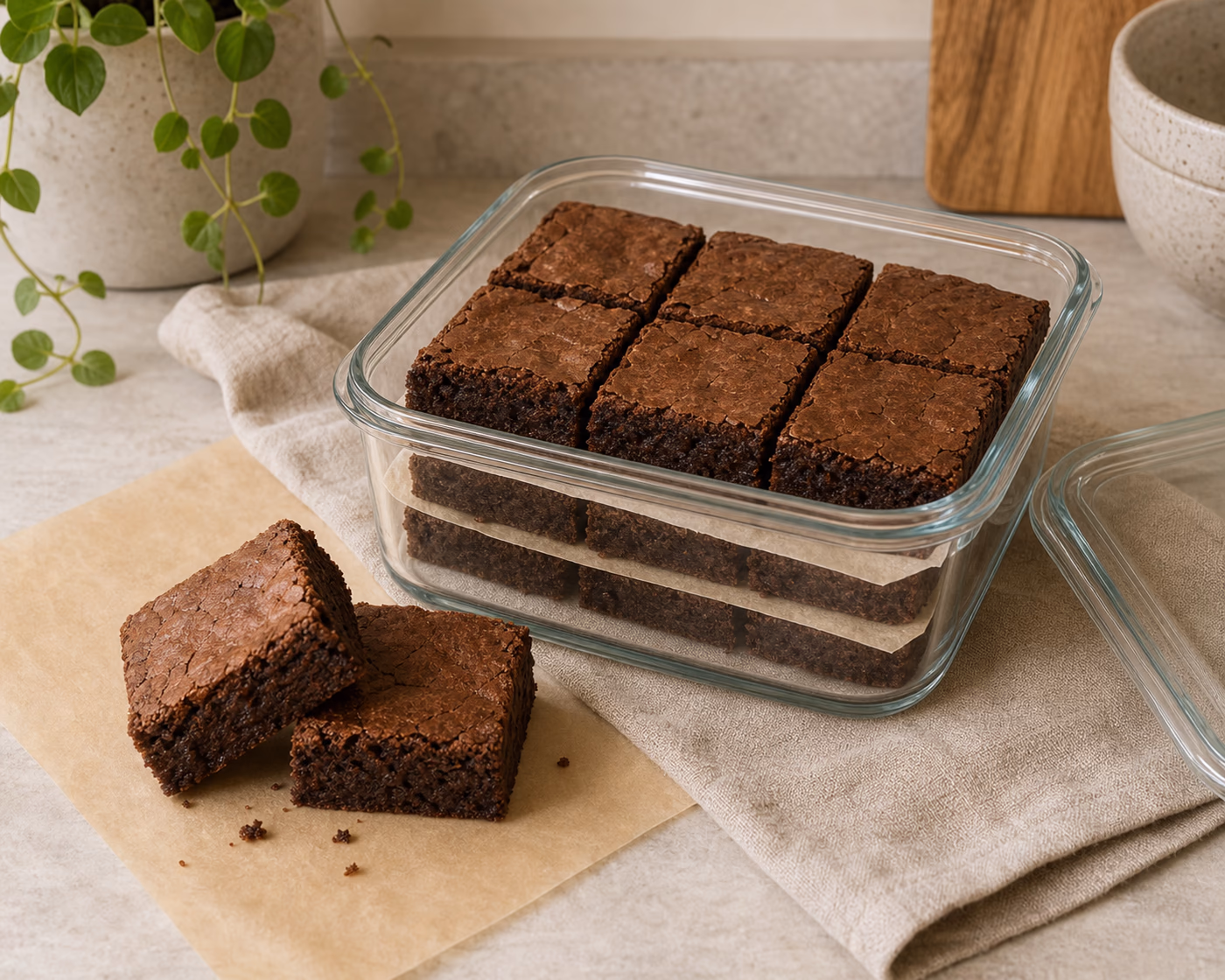 Brownie squares stored in an airtight container with parchment for brownie storage