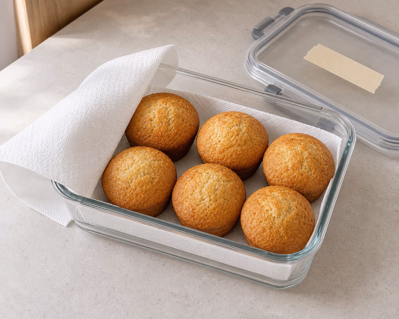 Muffins stored in a glass container lined with paper towel for muffin storage