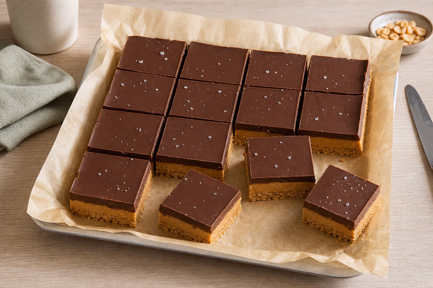 No bake peanut butter bars cut into squares with a chocolate top and peanut butter layer on parchment