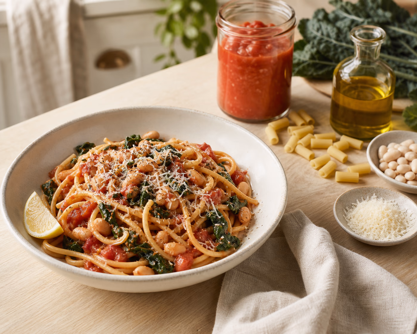 Pantry pasta with tomatoes, beans, greens, lemon, Parmesan, and simple pantry ingredients