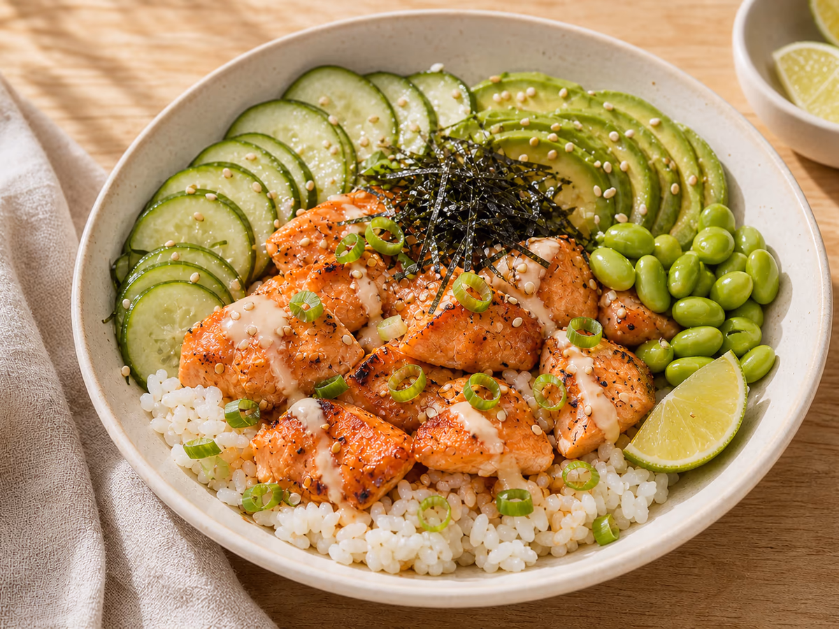 Cooked salmon rice bowl with cucumber, avocado, edamame, scallions, sesame, nori, and lime
