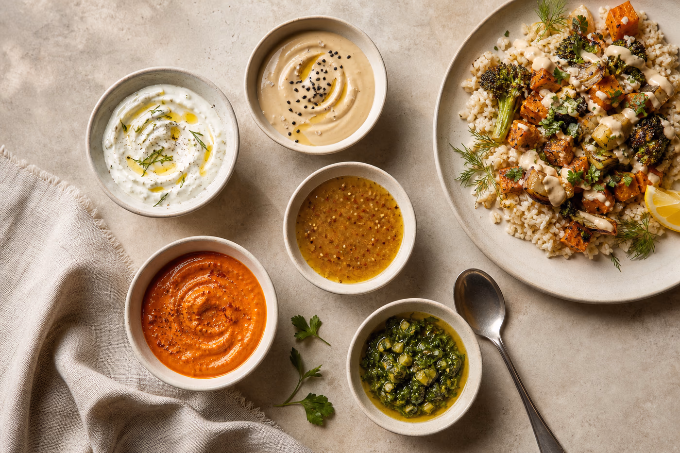 Five small dinner sauces in cream bowls beside a rice and roasted vegetable plate