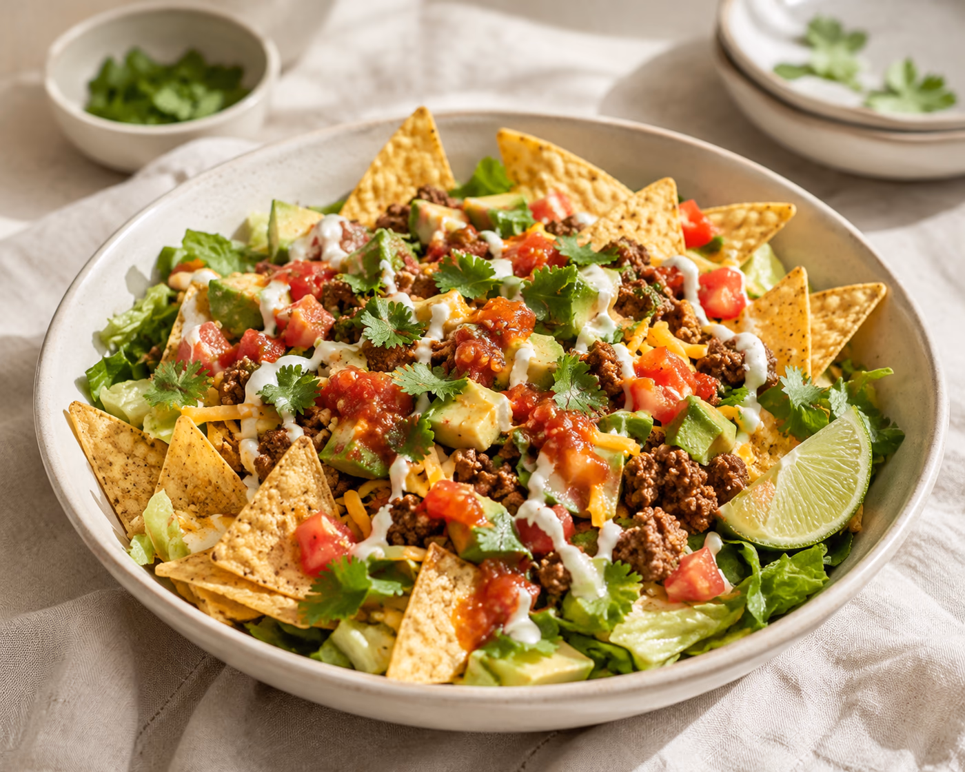 Taco salad with seasoned beef, crisp lettuce, tomatoes, cheese, avocado, salsa, and tortilla chips