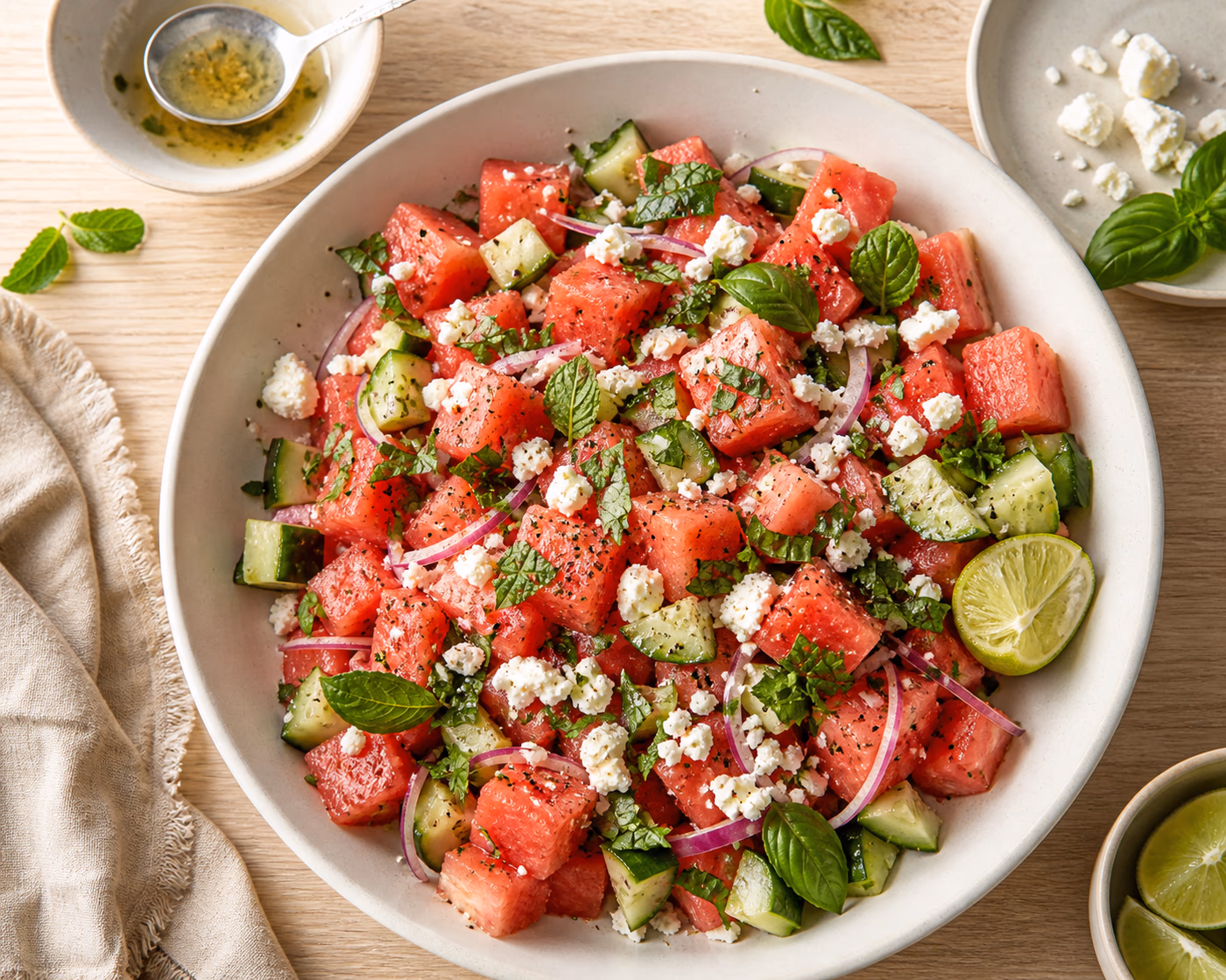 Watermelon feta salad with cucumber, mint, feta, and lime in a shallow serving bowl