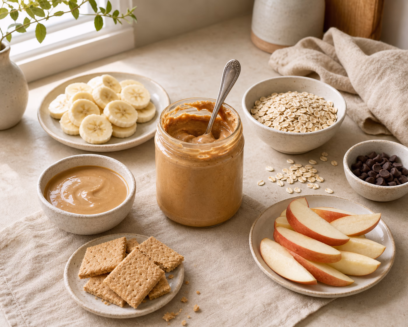Peanut butter with oats, banana slices, chocolate chips, graham crackers, apple wedges, and a small bowl of peanut sauce